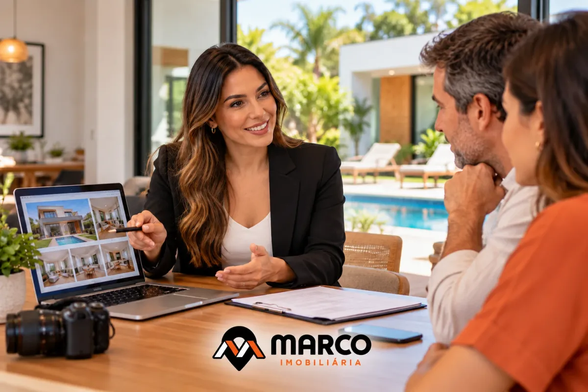 Corretora da Marco mostrando o anúncio de um imóvel no notebook para um casal