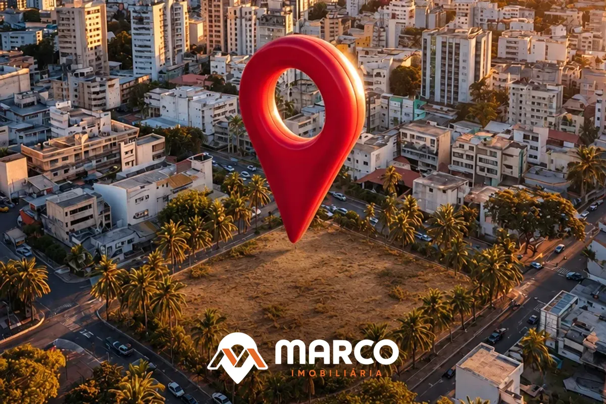 Vista aérea de uma área para incorporação na cidade, marcada com um pino