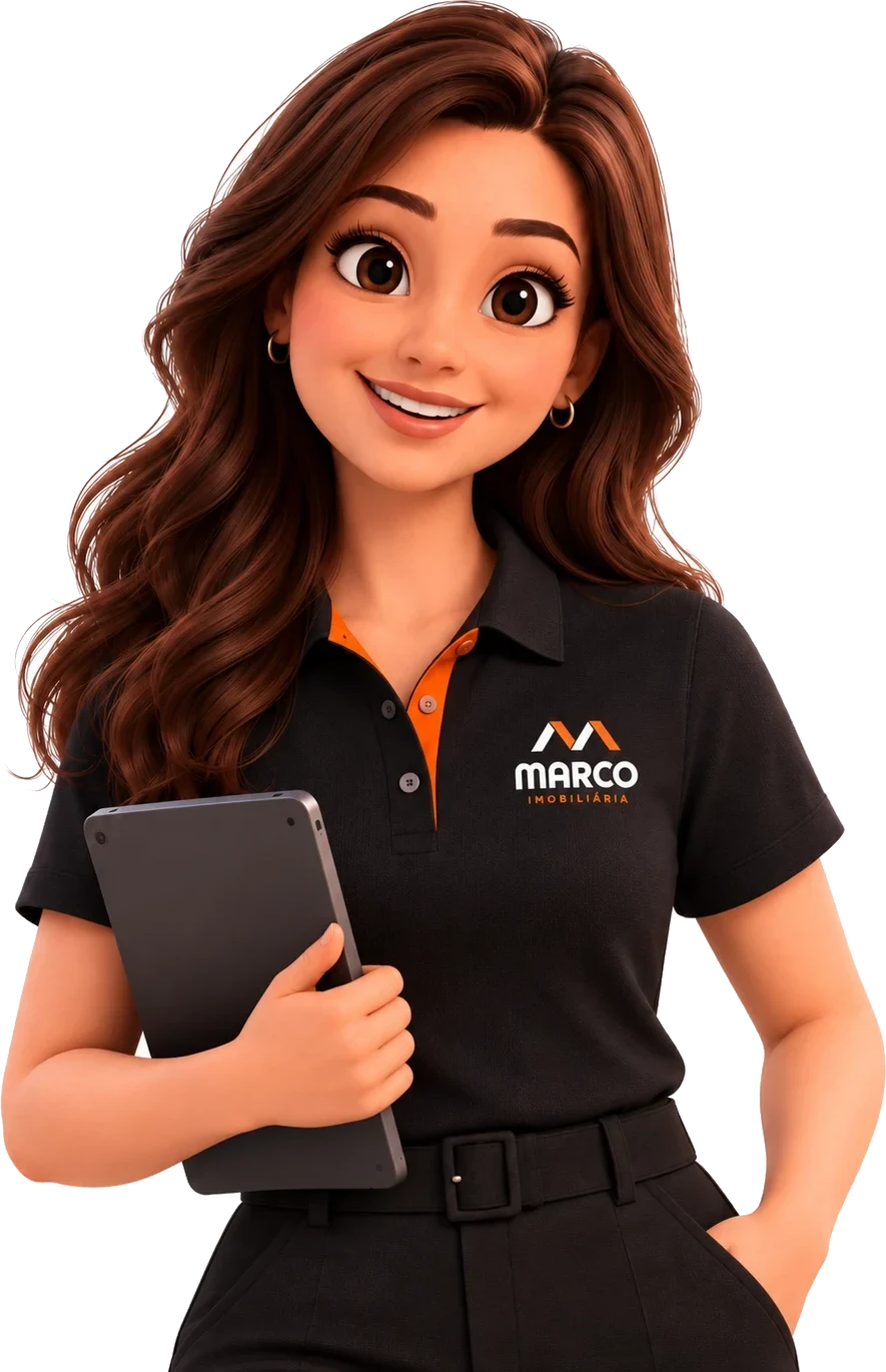 Atendente da Marco Imobiliária segurando um tablet
